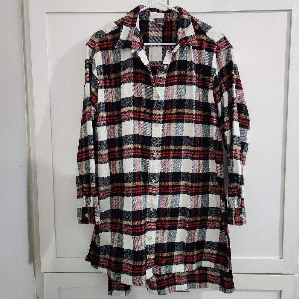 Eddie Bauer Womens Black Red Plaid Oversized Ballard Flannel Tunic Shirt Medium